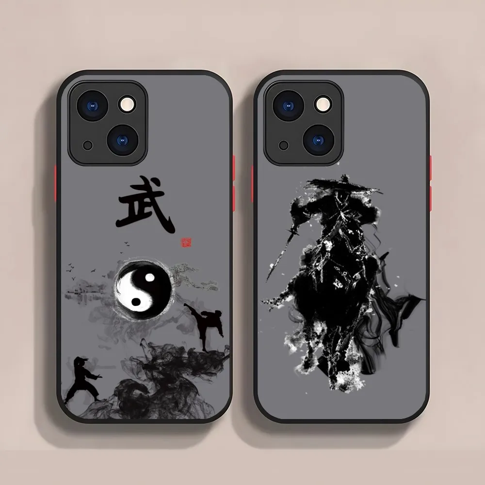 Ink Warrior Martial Arts Phone Case For IPhone 13 12 11 14 Pro Max Mini X XR XS 15 Plus 14 Slim Translucent Matte Cover