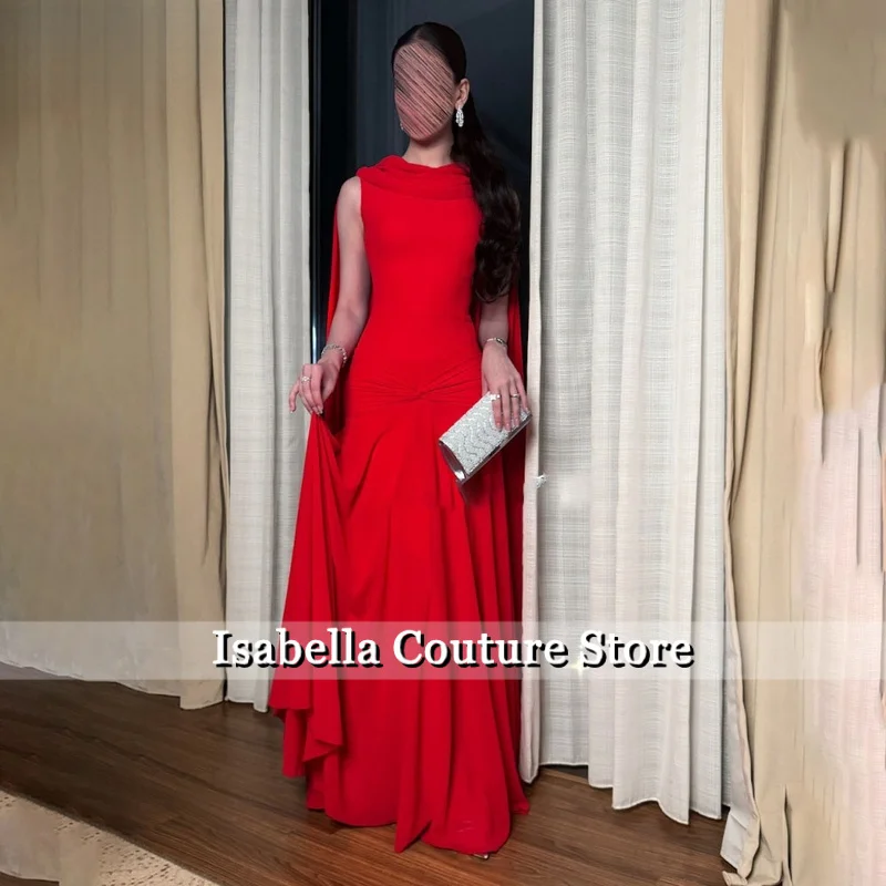 빨간색 파티 드레스 주름 장식이 있는 이브닝 드레스 케이프가 있는 A라인 소매 갈라 드레스 맞춤형 이브닝 드레스