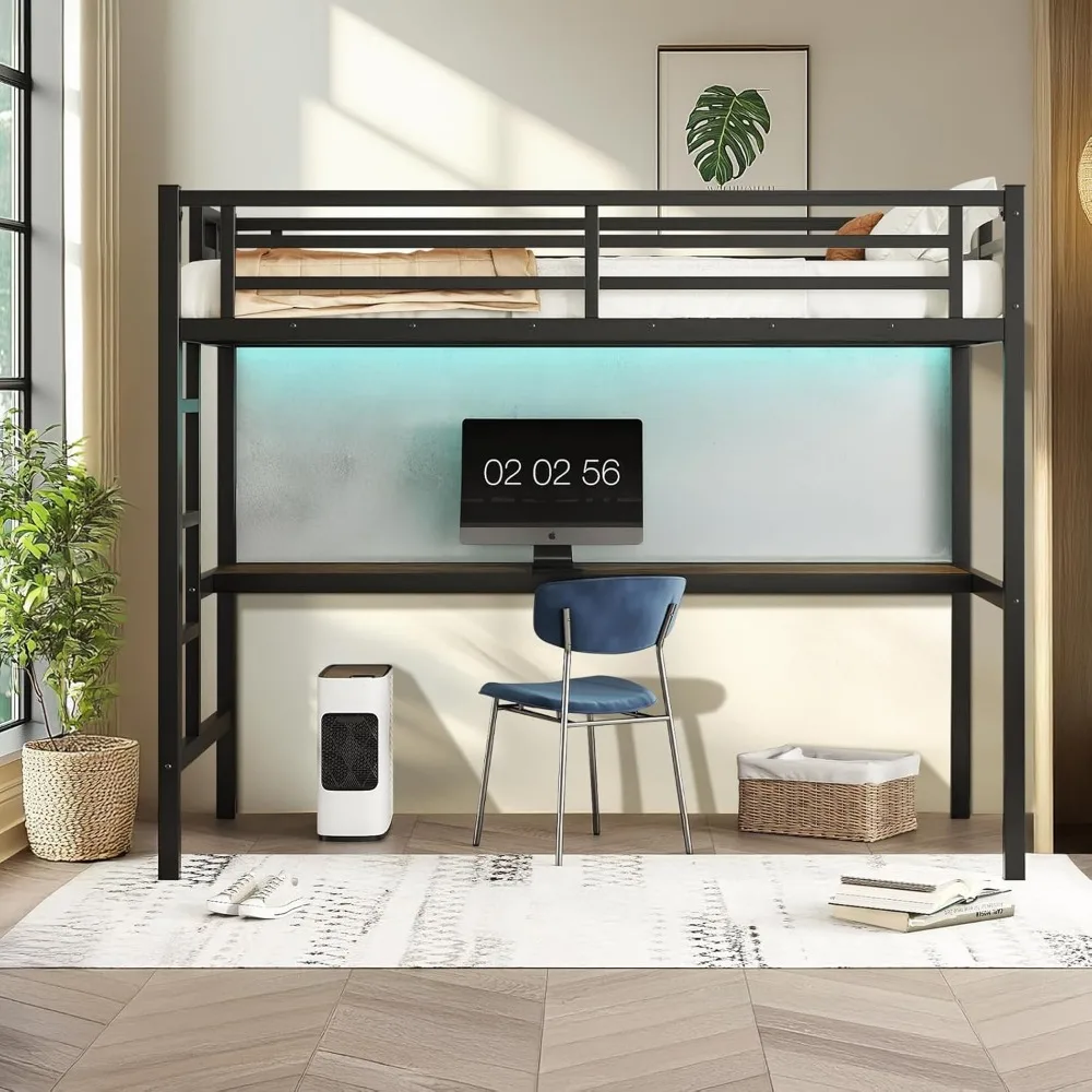 Twin XL Size Loft Bed with Desk, Metal High Loft Bed with LED Lights, Charging Station, Twin XL Loft Bed Frames, Space Saving