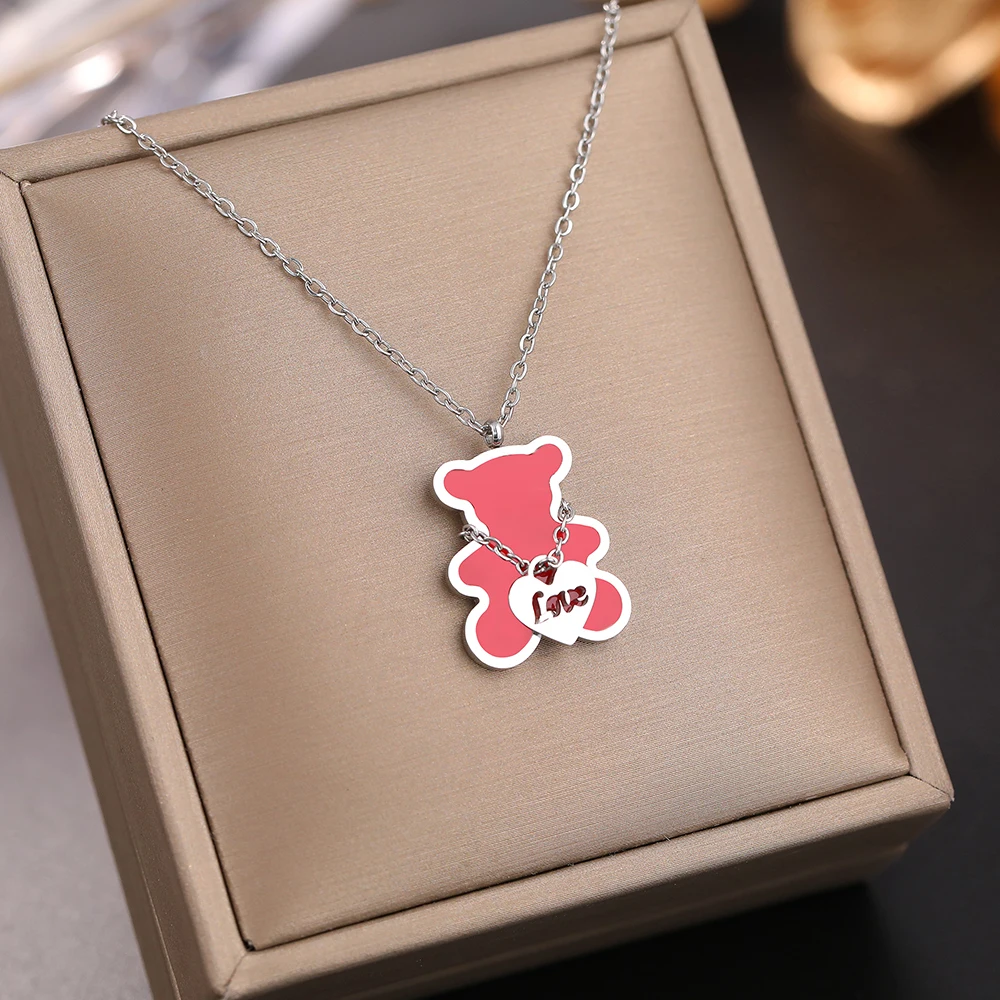 Stainless Steel Necklaces Lovely Cute Bear Shell Pendants Korean Fashion Choker Female Chain Necklace For Women Jewelry Girls