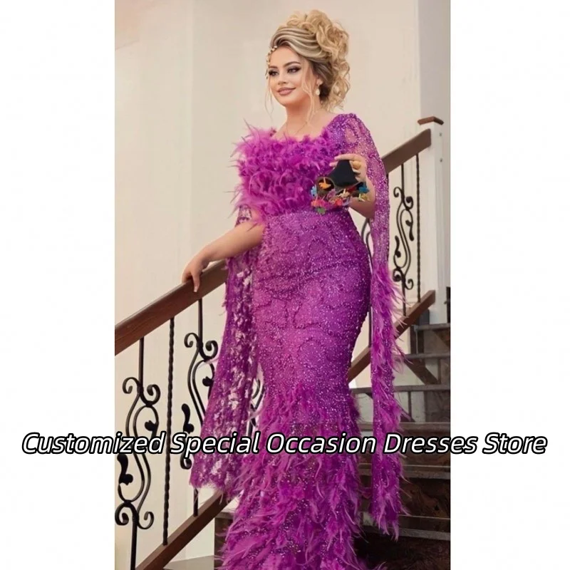 

Elegant Purple Crew Evening Dresses For Women Prom Dress Luxury Feather Beaded Wedding Party Gowns Vestidos De Gala Customized