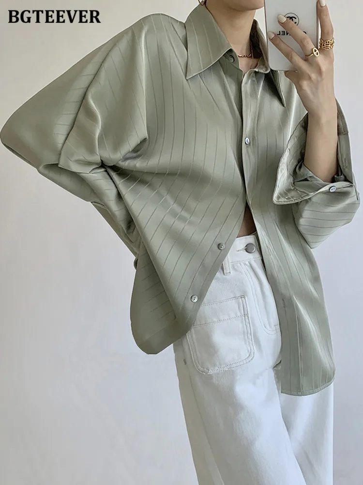 BGTEEVER Chic Vintage Turn-down Collar Ladies Striped Shirts Long Sleeve Single-breasted Loose Female Satin Blouses Spring