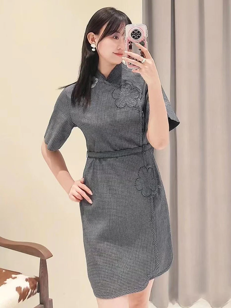 

New Chinese Sle Summer Dr South Oil High End Women's Faion Cheered Skirt ort Sve Stand Collar Side Button