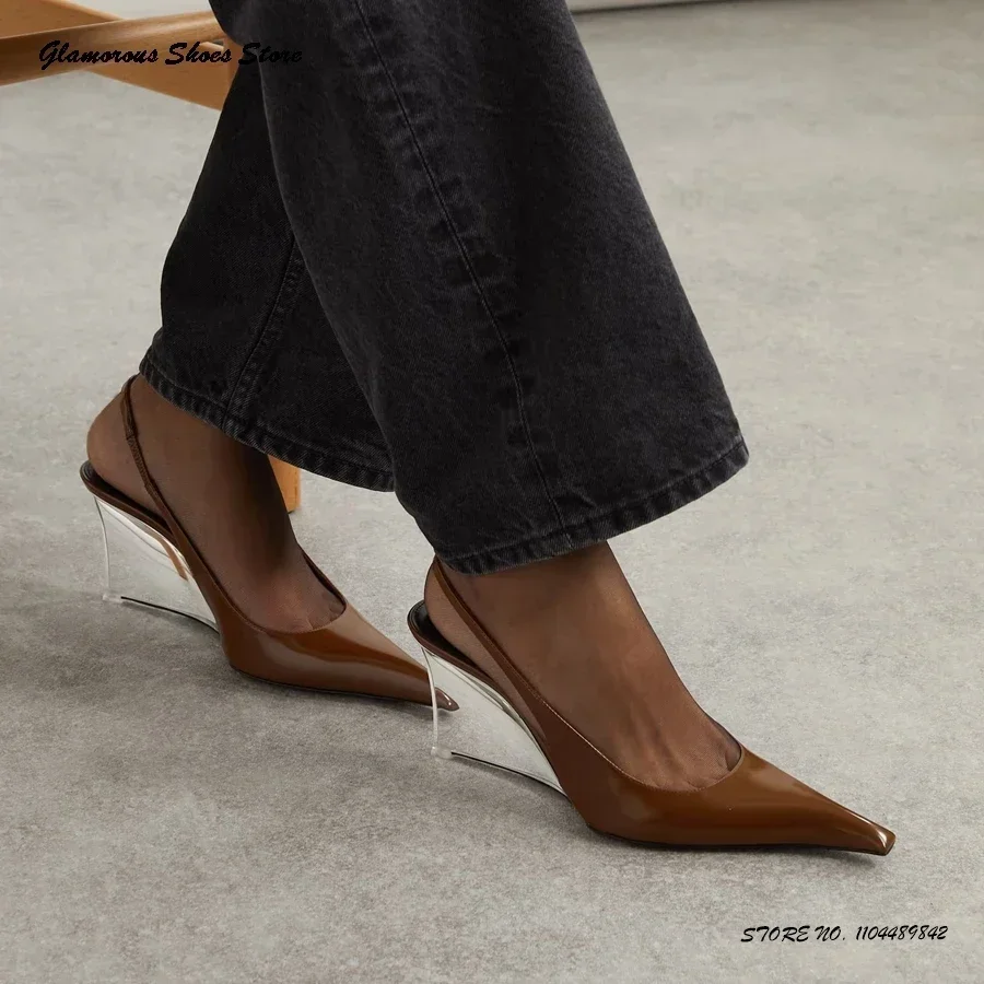 

Patent Leather Slingback Wedge Pumps Women's Pointed Toe Party Wedding Office Shoes Spring Summer Pull On Trending High Heels