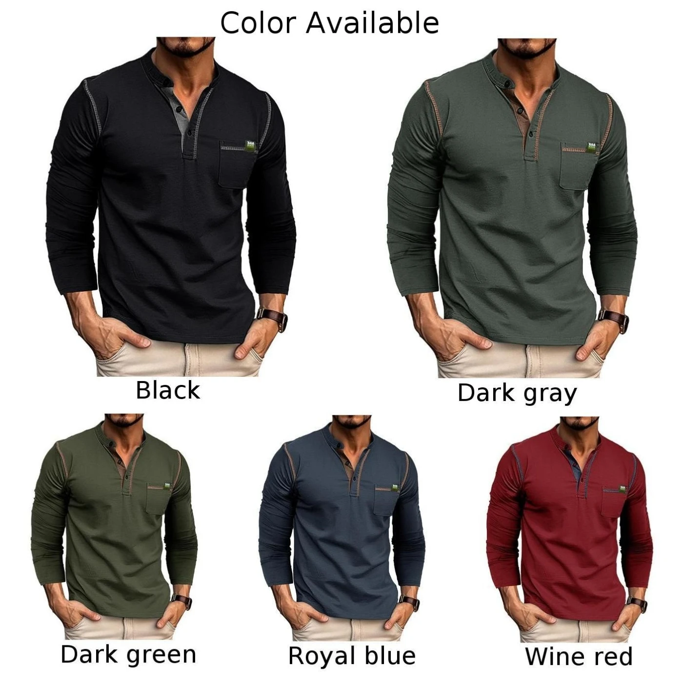 Fashion Men\'s Button Henley Collar T-Shirts Long Sleeve Solid Color Pocket Casual Muscle Tees Tops T Shirt Man Clothing