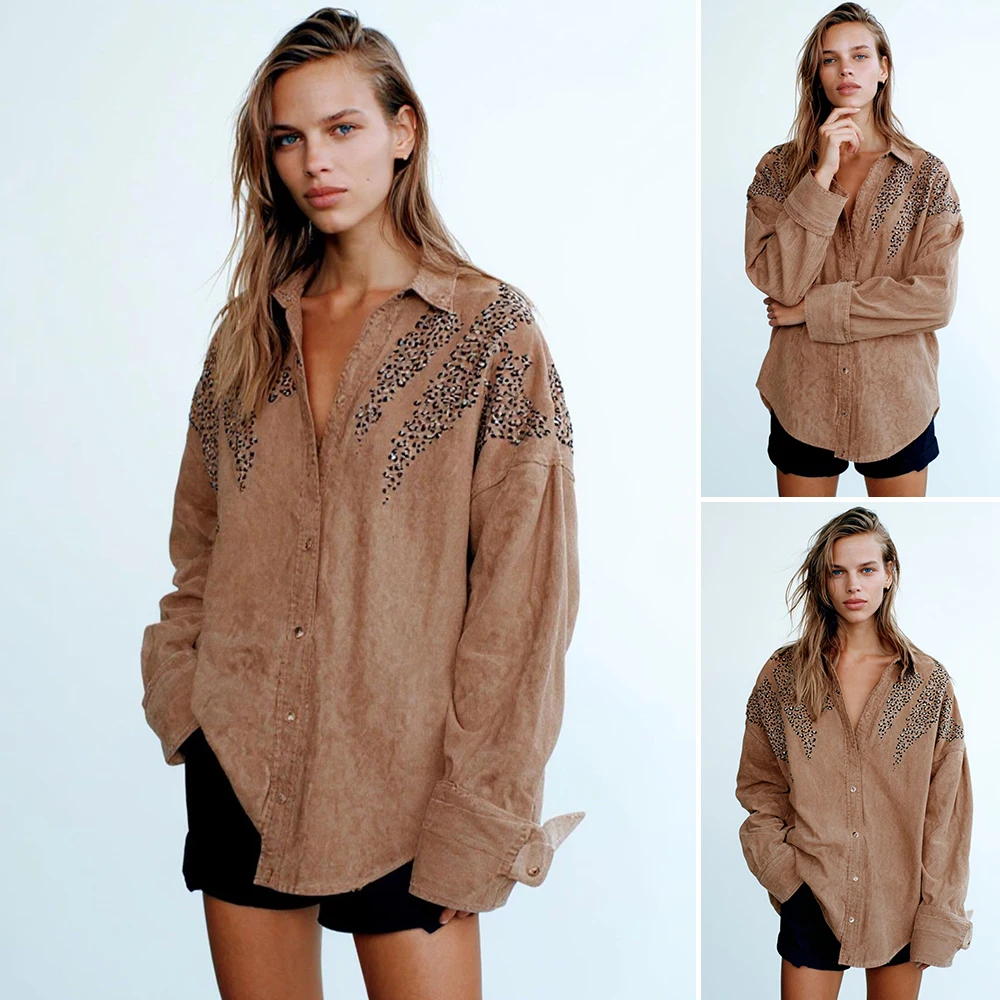 

Mia Muse Boutique Women's Autumn Winter Shirts 2025 Fashion Sequins Plain Long Sleeve Shirt Collar Daily Casual Shirts