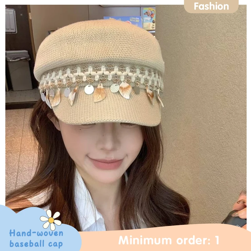 

Summer Ethnic Style Hand-woven Flat Top Baseball Cap Breathable Outdoor Travel Shell Pendant Knitted Octagonal Hat for Women