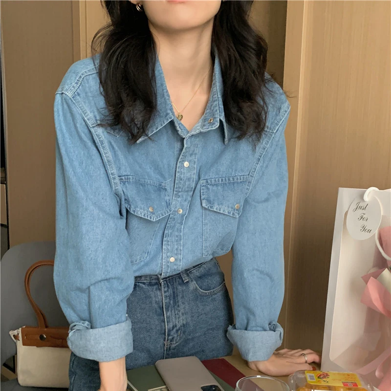 시크 심플 더블 포켓 데님 긴팔 셔츠 여성 초봄 신상 루즈핏 캐주얼 엘레강스 탑 한국 스타일 폴로 카라