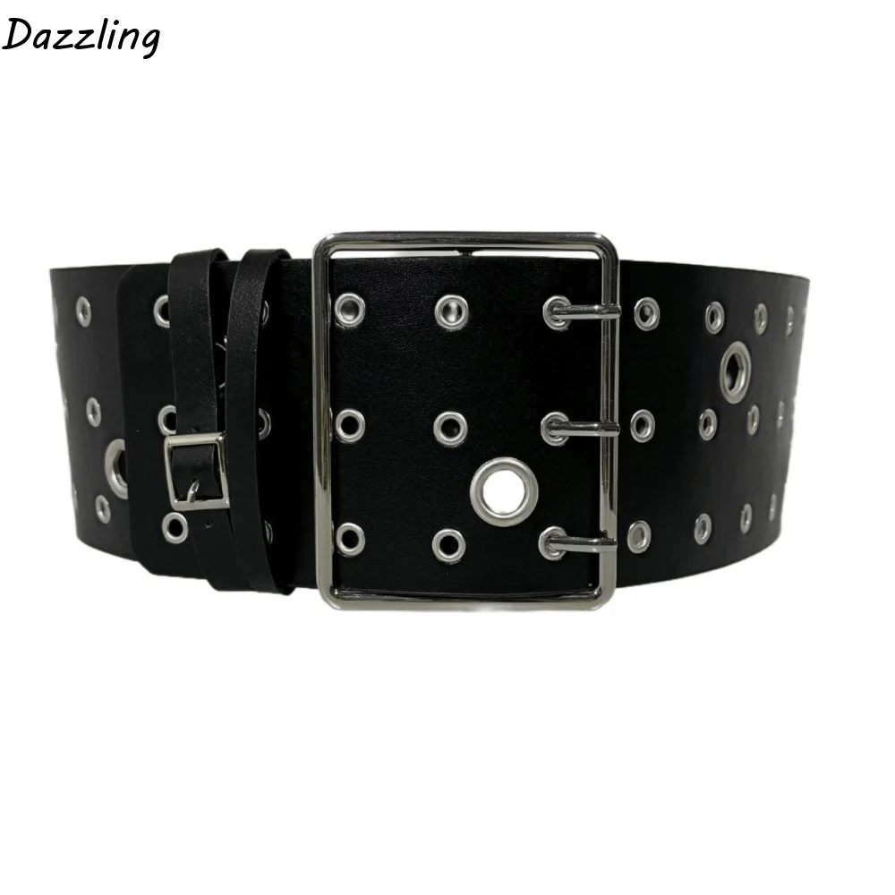 

Регулируемый широкий ремень с полыми заклепками, индивидуальный дизайн, трехрядная пряжка с иглами, ремень в стиле Y2K для крутых девушек, винтажный декор для джинсов