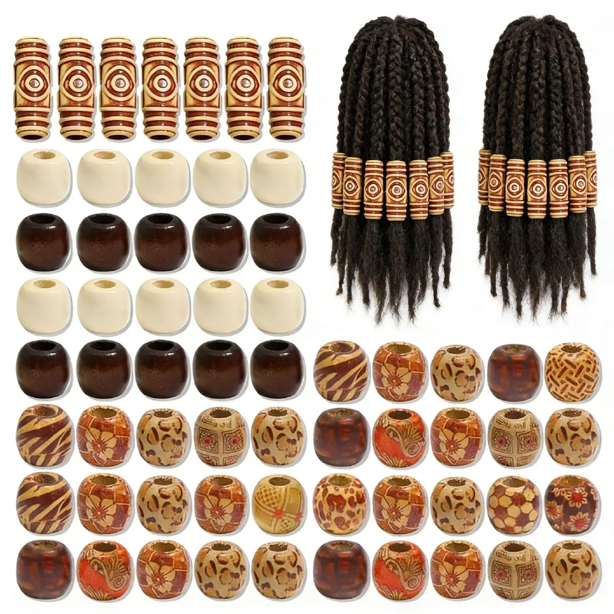 60 Pcs Dreadlock Painted Large Hole Wooden Beads Hair Accessory Parts for Dreadlock & Wig Making