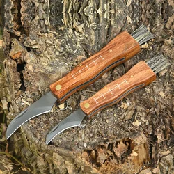 Roestvrijstalen zakmes Multifunctionele borstel Outdoor Mini Paddestoelmes EDC Houten handvat Scherp Camping Jacht Survival