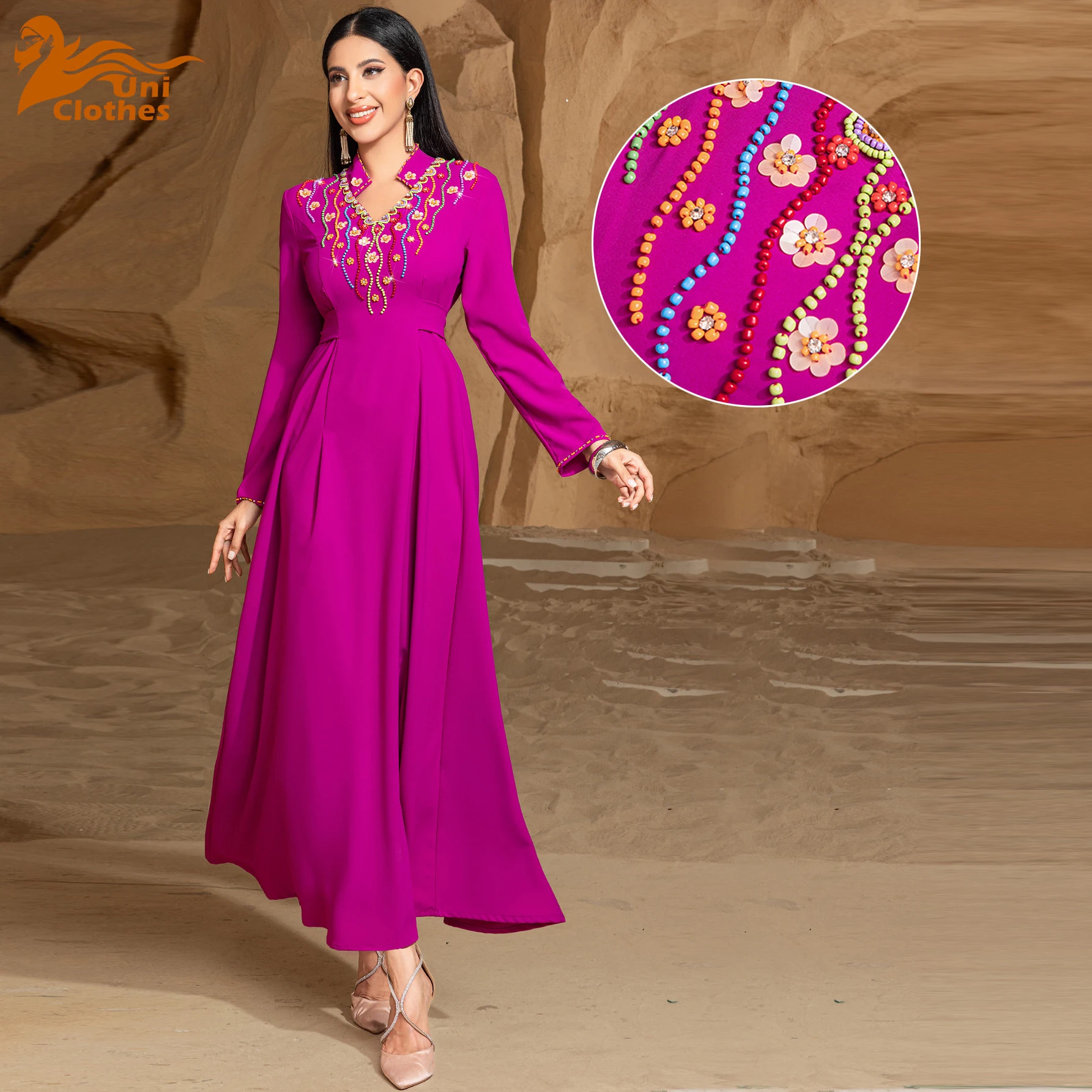 

UNI 2025 Eid Beading Dress for Women Abaya Party Muslim Ramadan Morocco Dubai Kaftan Islam Vestidos Largos Robe Jalabiya