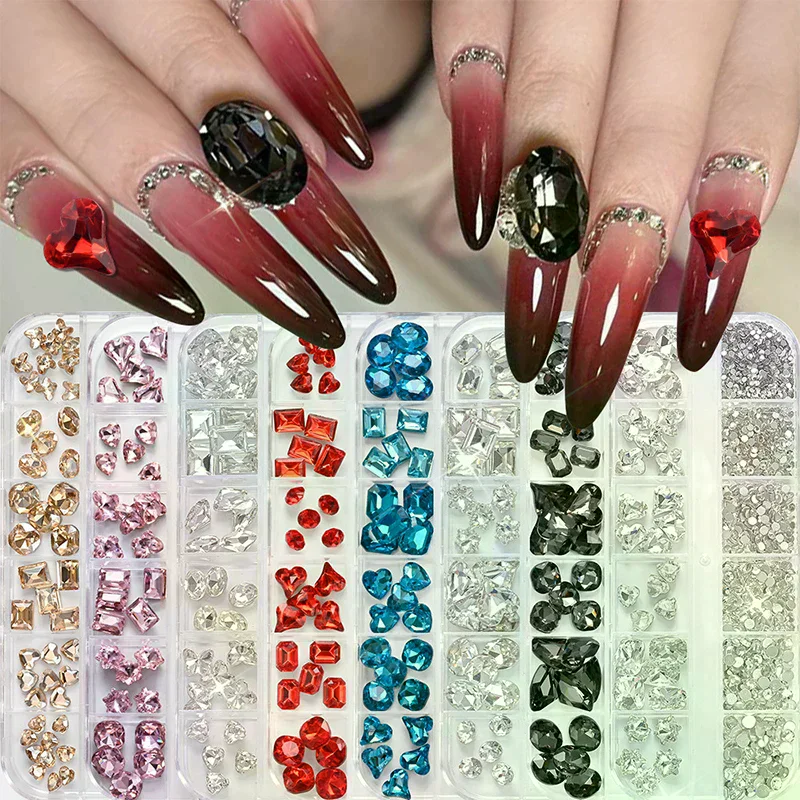 Arte de uñas con diamantes de imitación, 12 rejillas, gemas de cristal planas coloridas, decoración de manicura DIY, diamante de uñas 3D para maquillaje, uñas y manualidades