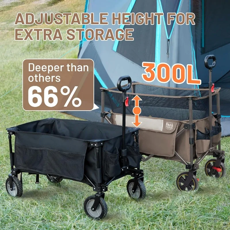 Collapsible Outdoor Folding Wagon Cart Heavy Duty Camping Patio Shopping Garden Cart with Side Bag Cup Holder Tan Extra Large