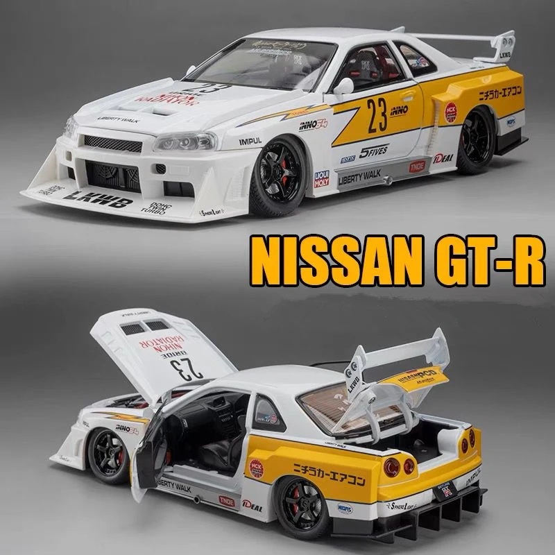 1:24 Nissan Skyline Ares GTR R34 Alloy Modified Wide Body Sports Car Model Diecast Raing Car Model Sound and Light Kids Toy Gift