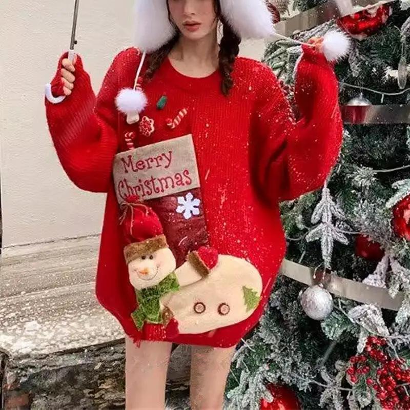 سترة عيد الميلاد امرأة الشتاء الدفء القمم لينة لزجة الجولة الرقبة Kawaii طالب تريكو كسول حسن المظهر السنة الجديدة البلوز
