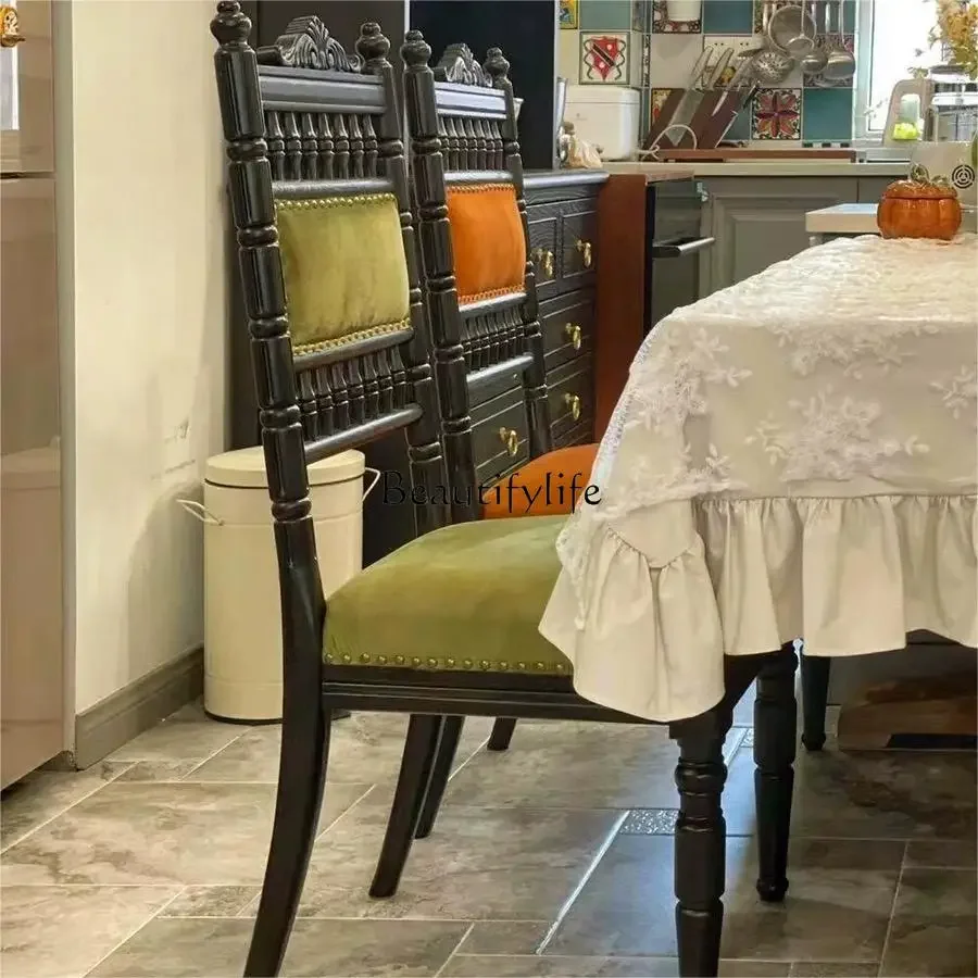 

09Z.-American retro solid wood dining chair French old carved soft bag backrest chair home