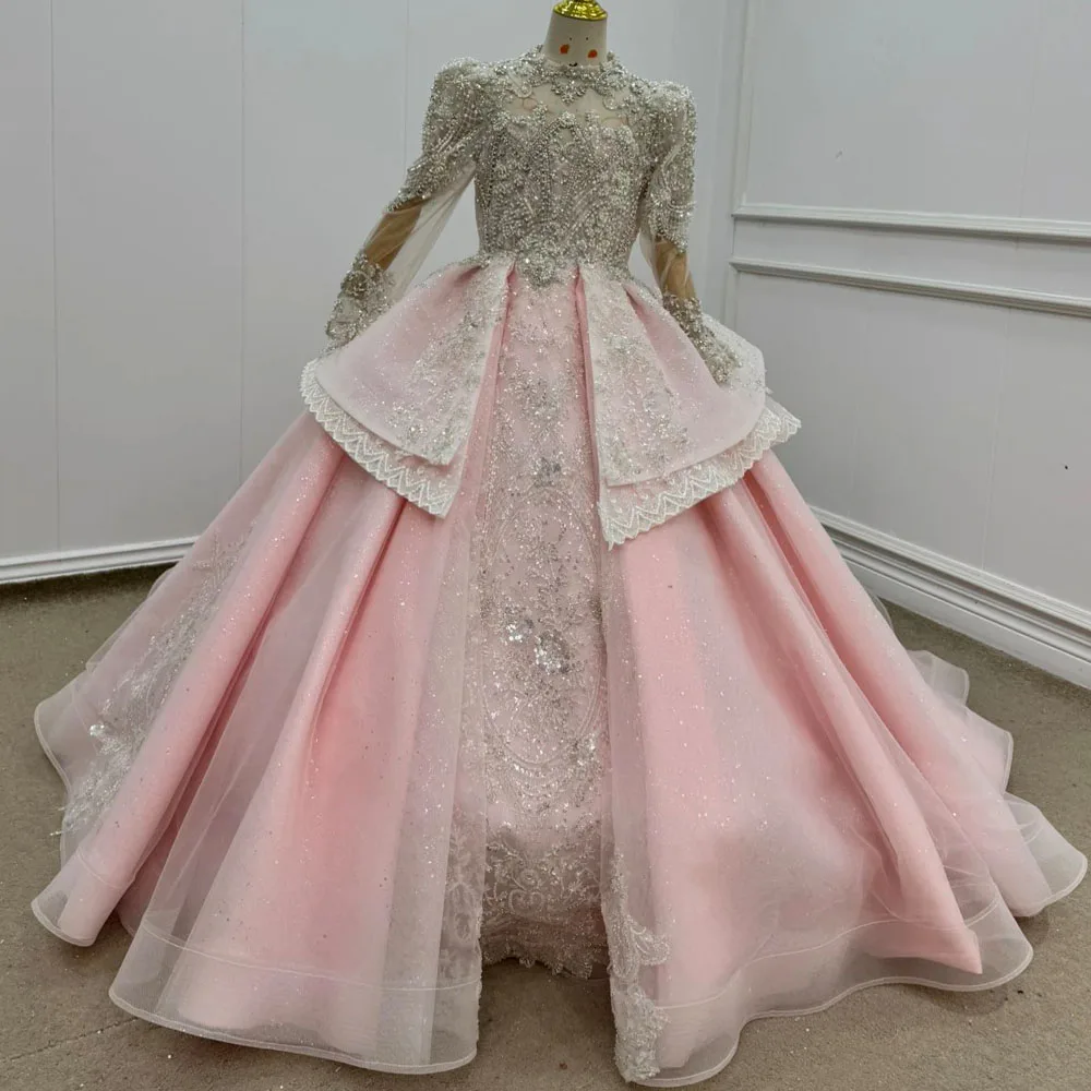 Customized Pink Flower Girl Dress High Waist Floor Length Beaded Sequined Wedding Gown Elegant Birthday Outfit For Kids
