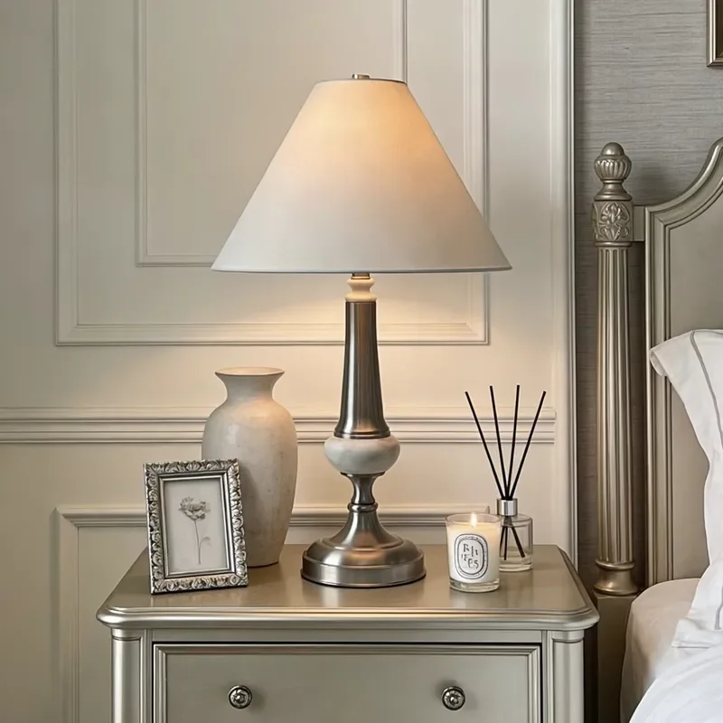 Modern Brushed Silver White Marble Table Lamp with Cone Fabric Shade for Bedroom Living Room Hotel Home Decor Lighting