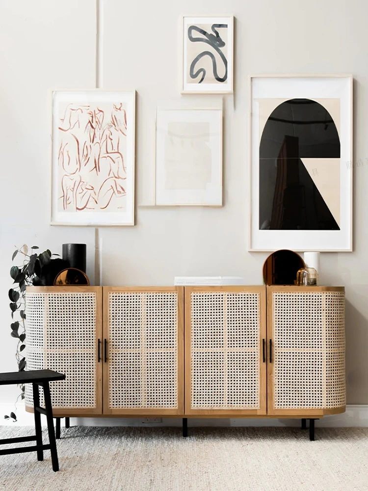 

Sideboard Cabinet Solid Wood Entrance Cabinet Black Log Rattan Storage Tea and Wine Chest of Drawers