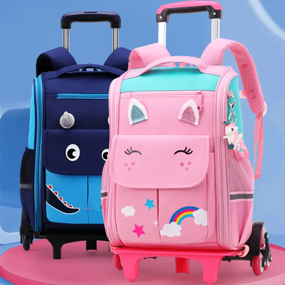 Crianças dos desenhos animados trole saco de escola mochila bookbag para gril crianças 3/6 rodas mochila estudante bolsa destacável puxar haste caso