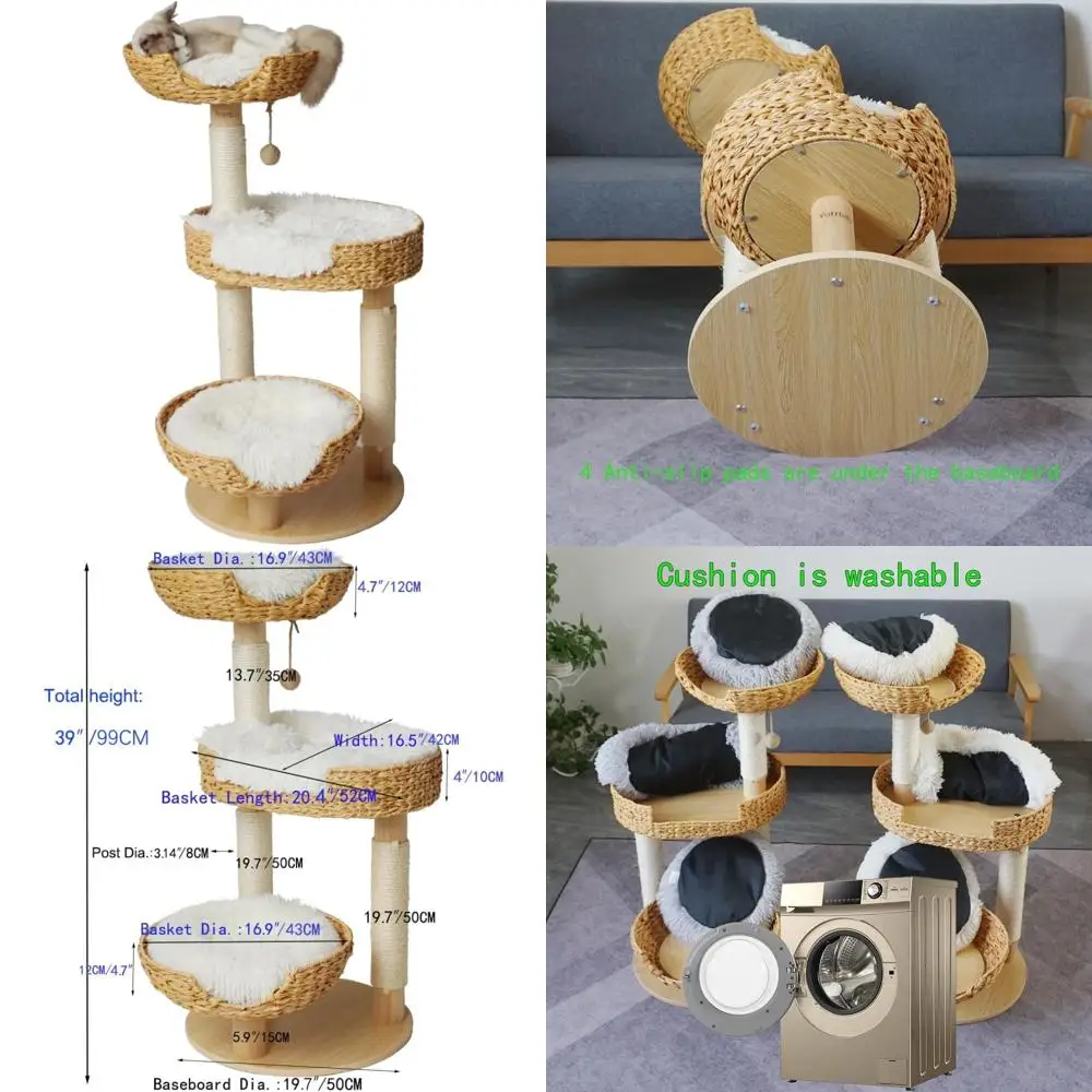 

39-дюймовое кошачье дерево с сизалевой когтеточкой, настоящее дерево, корзины из ротанга ручной работы и уютные жердочки