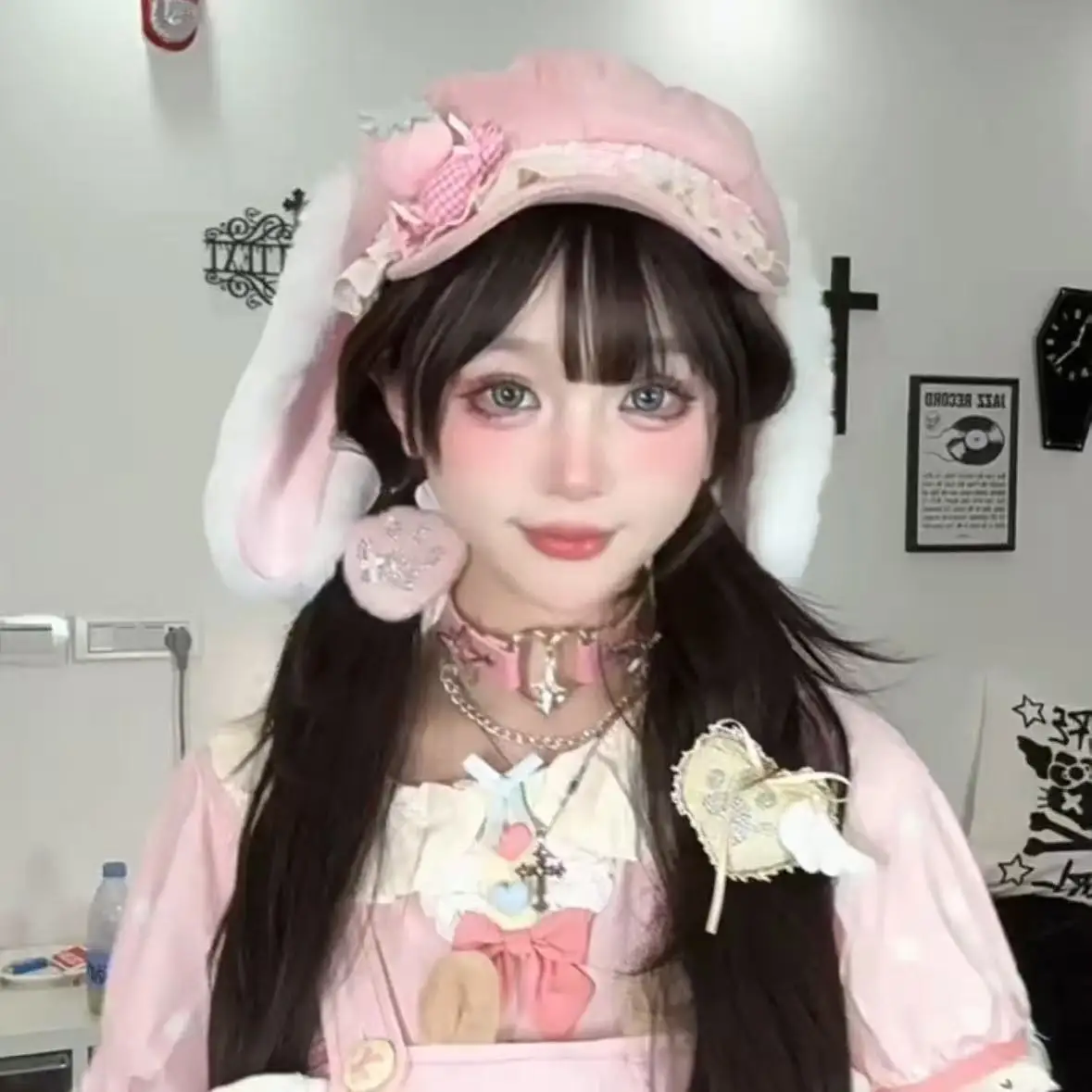 딸기 토끼 귀 하라주쿠 고딕 로리타 베레모 Y2K 펑크 레이스 리본 장식 소녀 귀여운 팔각형 모자