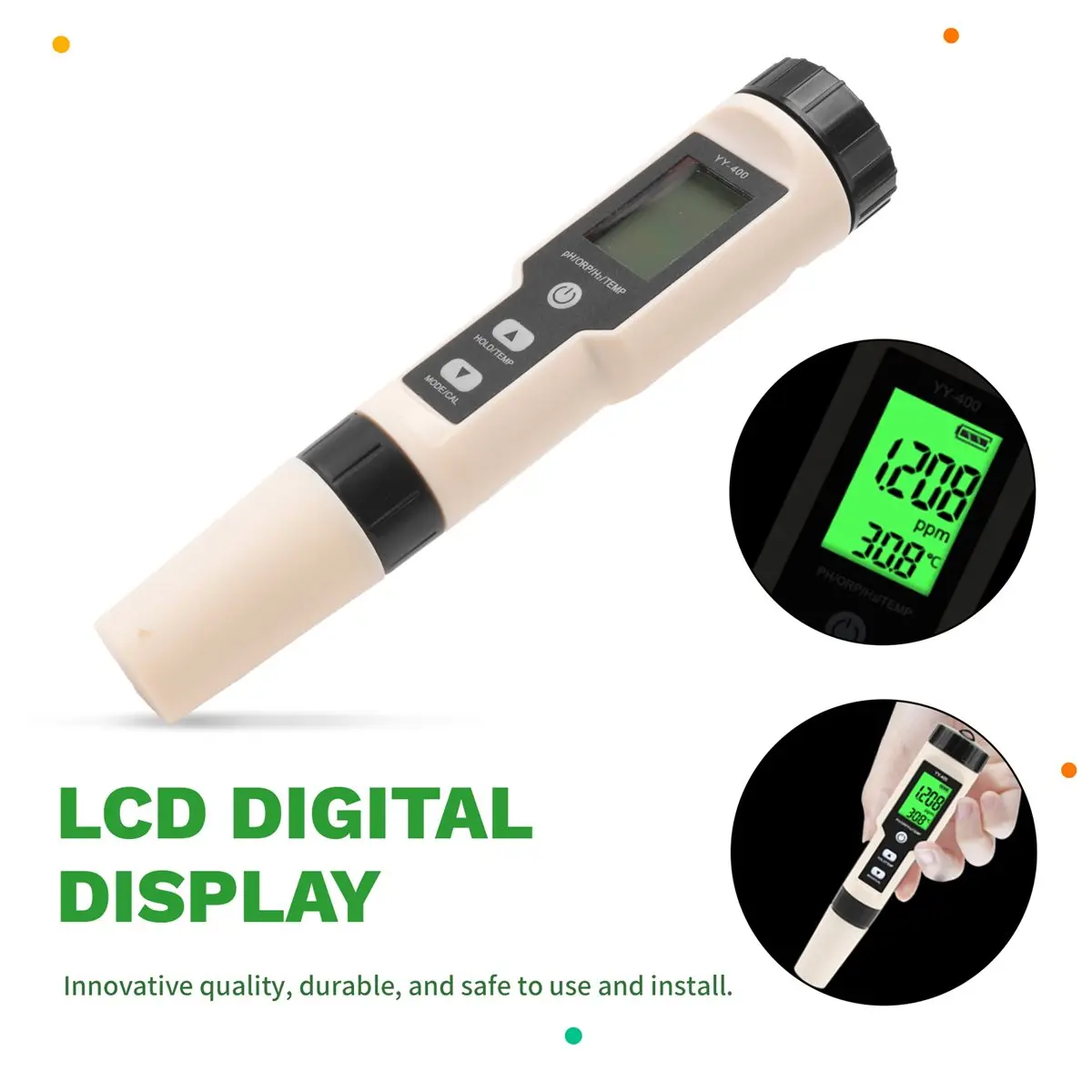 newyear828 4 in 1 YY-400 PH/ORP/H2&TEM Meter Digital Hydrogen Concentration Tester for Aquarium, Swimming Pool, Backlight