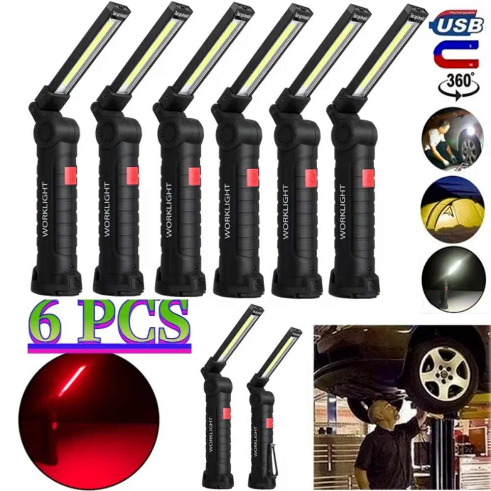 2/6Pcs 5 Modes COB LED Work Light USB Rechargeable Magnetic Waterproof Flashlight for Outdoor Camping Car Truck