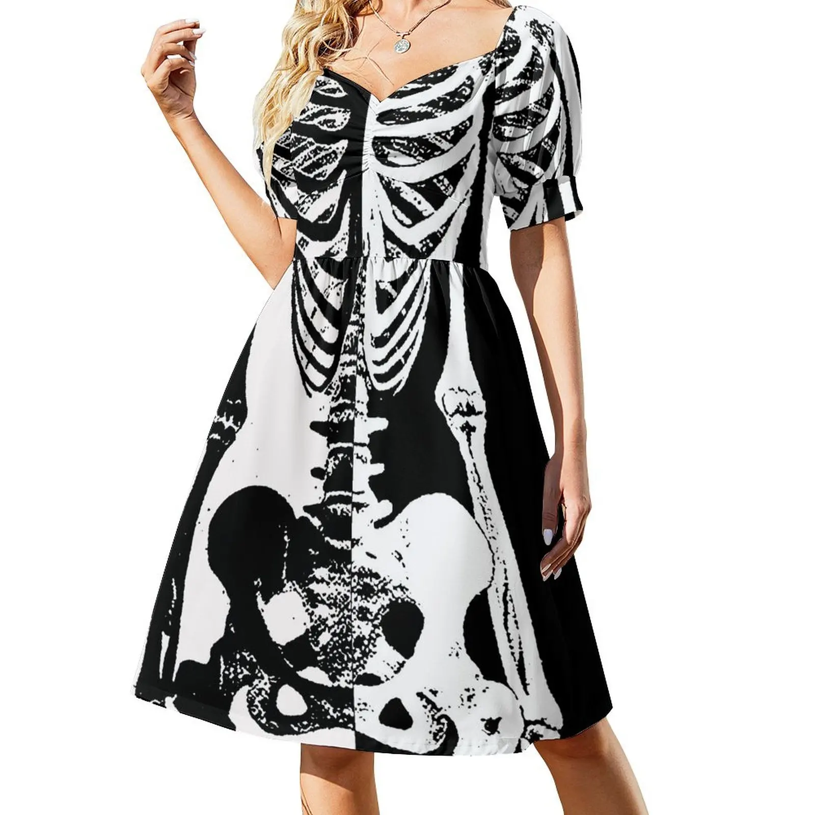 Black and White Skeleton Short-Sleeved Dress cute dress chic and elegant woman dress