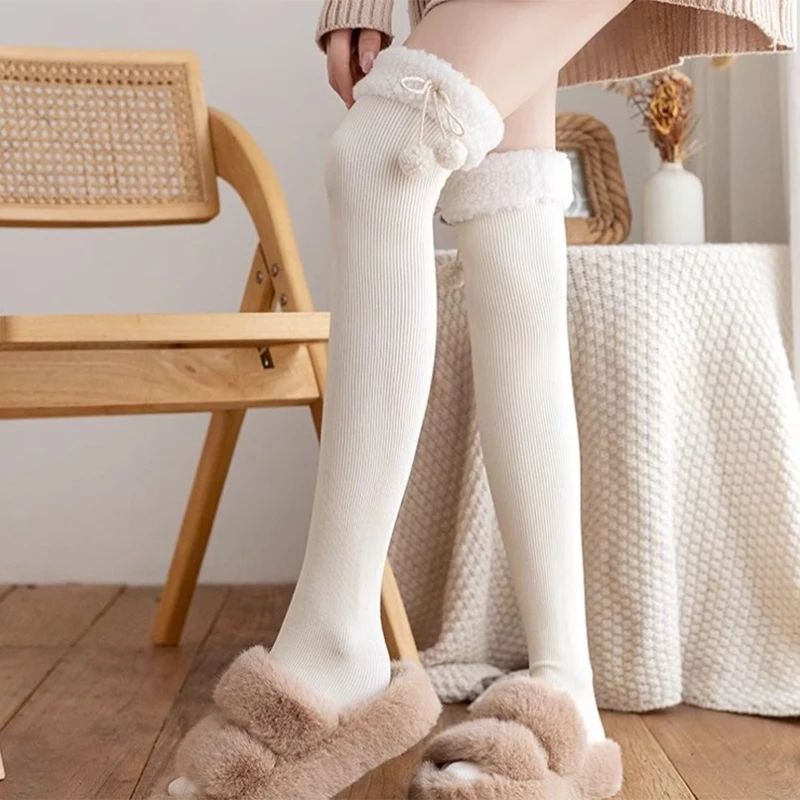 Vertical Stripe Plush Stockings Autumn Winter Cute Tights Kawaii Lamb Fur Wool Ball Calf Socks Lolita Knee High Socks