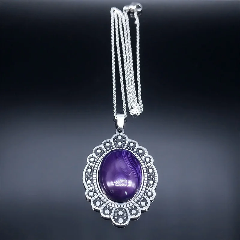 Vintage Stainless Steel Pendant Necklace for Women Purple Natural Stone Flower Antique Bohemia Necklaces Boho Party Jewelry Gift