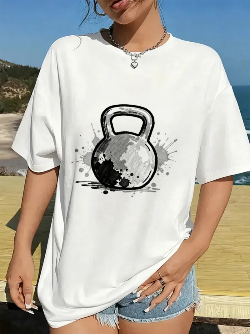 تي شيرت نسائي فضفاض من القطن الدمبل Kettlebell معدات اللياقة البدنية طباعة رذاذ القمر الأسود مناسبة للربيع والصيف #1