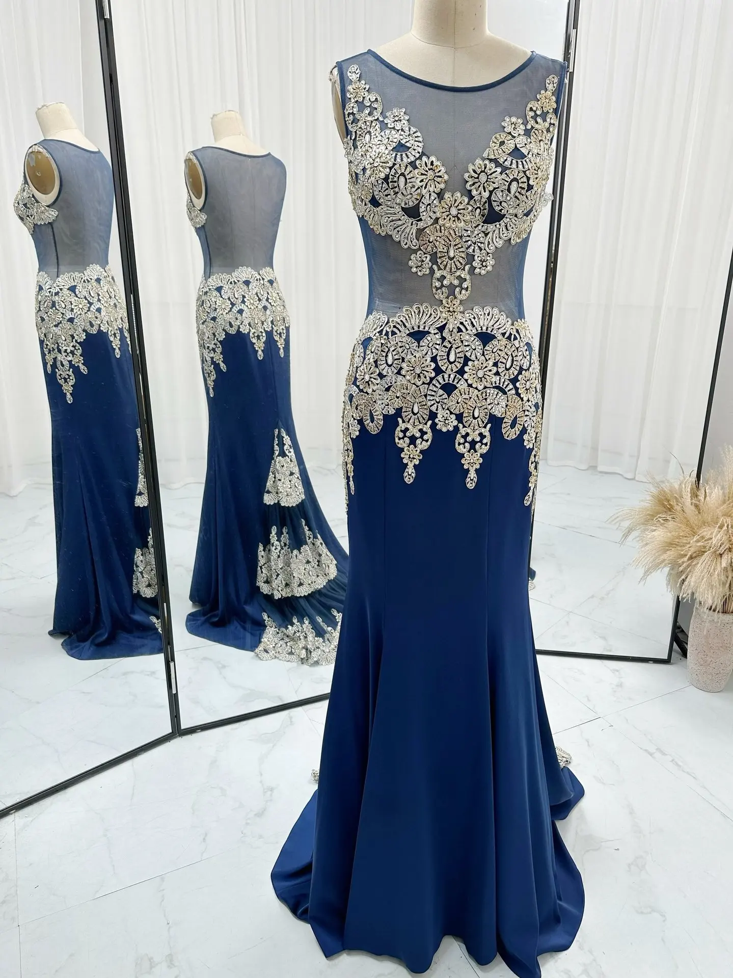 Dark Blue Modify Without Sleeve Mesh See -Through Slim Mermaid Small Trailer Night Evening Dress Skirt M1746