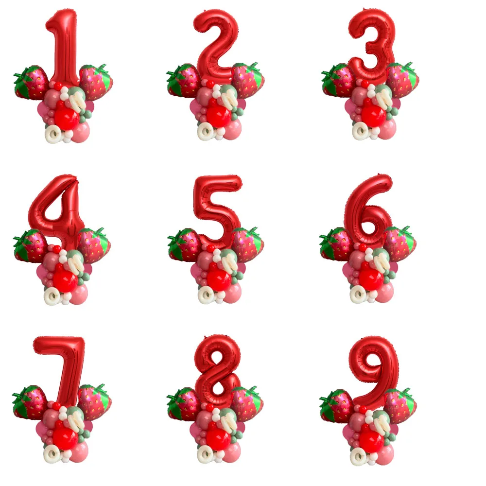 32pcs/set Strawberry 32inch Number Balloon Kit Party Decoration Kid Girl 1-9 Years Old Red Digit Balloon Birthday Party Supplies