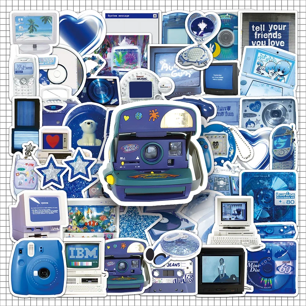 50 Stück Retro Y2K Blaue Aufkleber Elektronische Digitale Cartoon Aufkleber Kinderspielzeug Skateboard Telefon Notebook Fahrrad Wasserdichtes Spielzeug