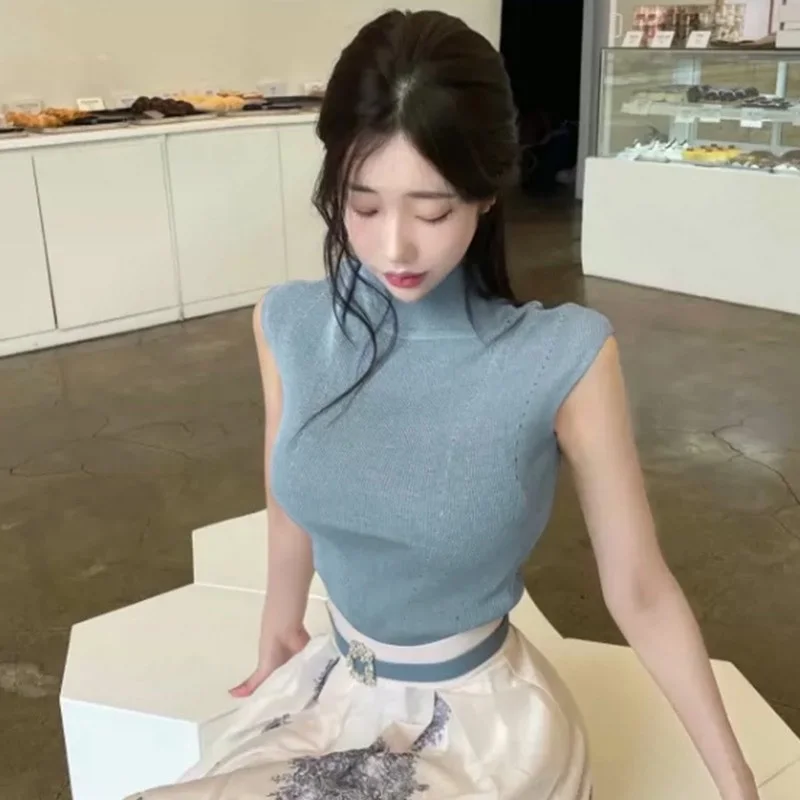 

Женский модный трикотажный топ без рукавов Dongda Gate с воротником-стойкой, облегающий, в корейском стиле