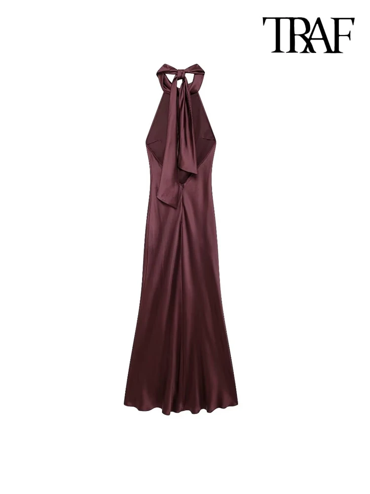 TRAF-Women's Long Satin Halter Dress, Backless, Bow Tied, Back Zipper, Female Dresses, Sexy Fashion