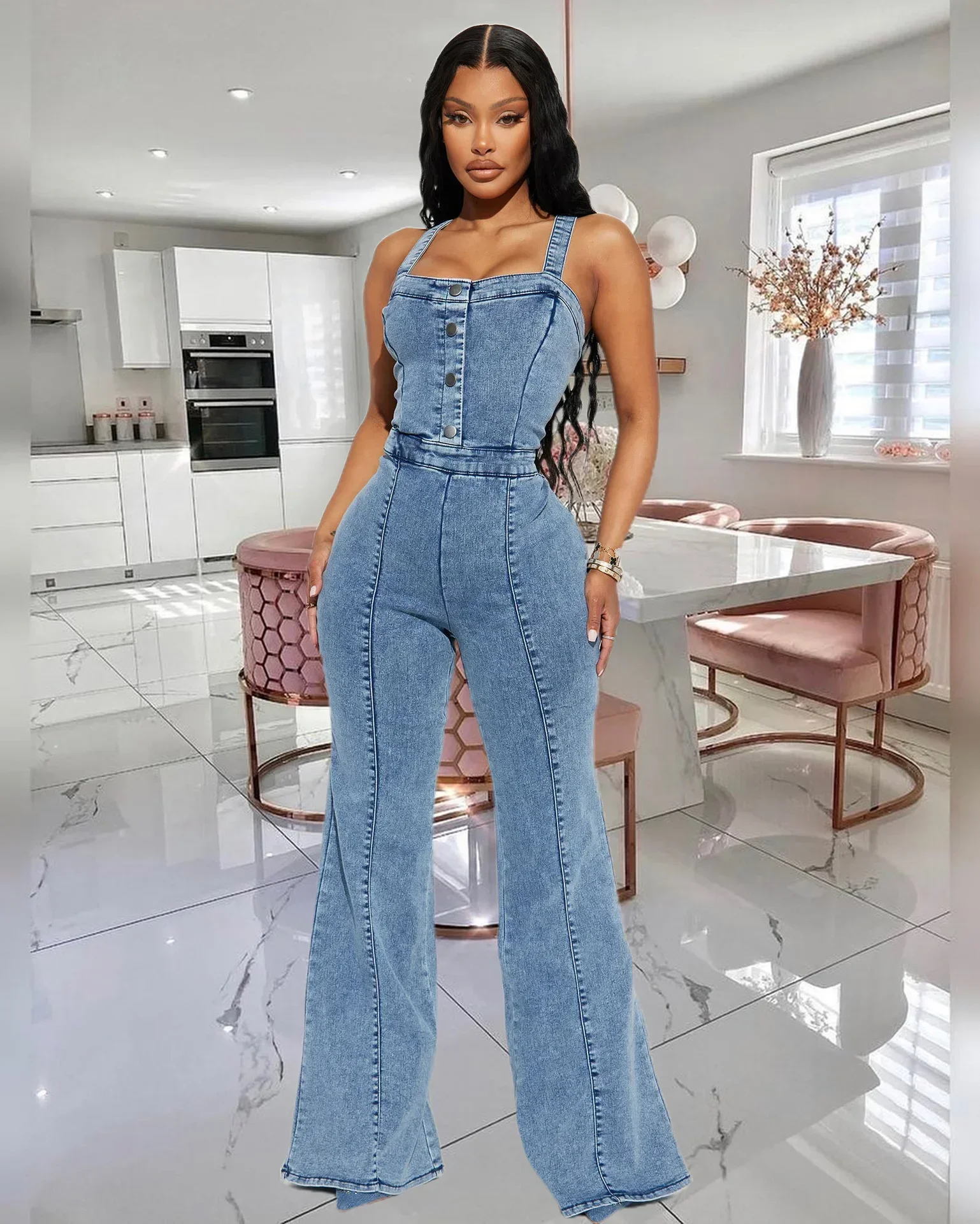 

Women's Slim Denim Jumpsuits, Sleeveless Rompers, High Waist Suspenders, Long Flared Pants, Long Pants, Sexy One Piece, 2023