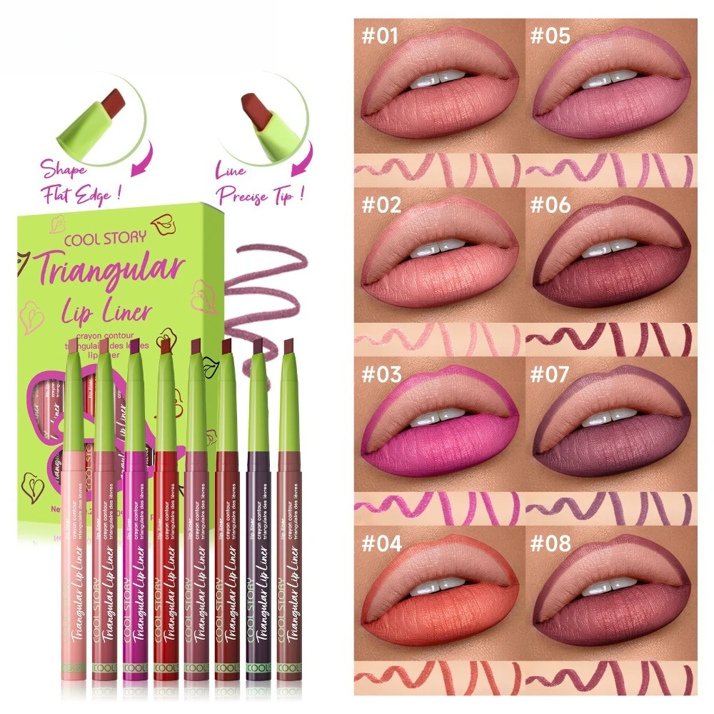 Zestaw konturówek do ust 8 szt. Matowe, trójkątne, wodoodporne, długotrwałe kredki do precyzyjnego konturowania i modelowania ust, odporne na rozmazywanie, do noszenia przez cały dzień.