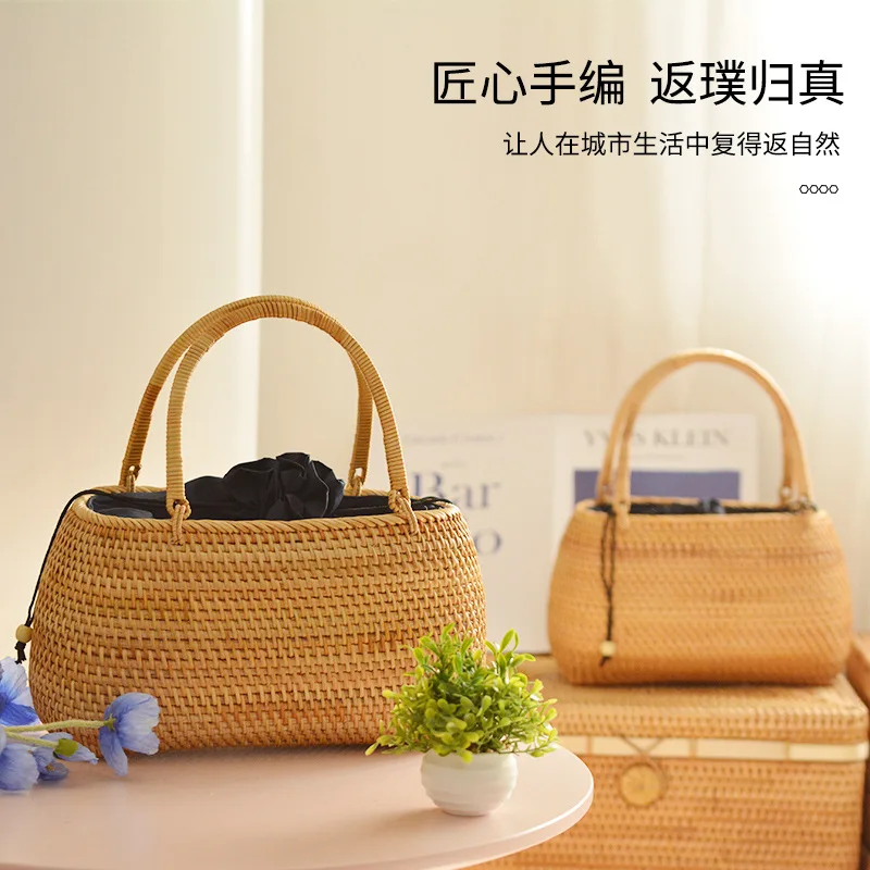 

Withered Vietnamese Handmade Exotic Style Storage, Picnic Outgoing Ellipse Basket Handwoven Vine Weaving Handbag