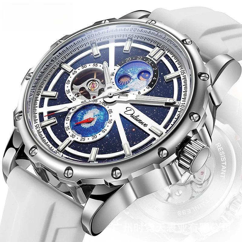 Stainless Steel Galaxy Moonphase Series Tourbillon Skeleton Luminous Waterproof Self-Wind Automatic Watch for Men