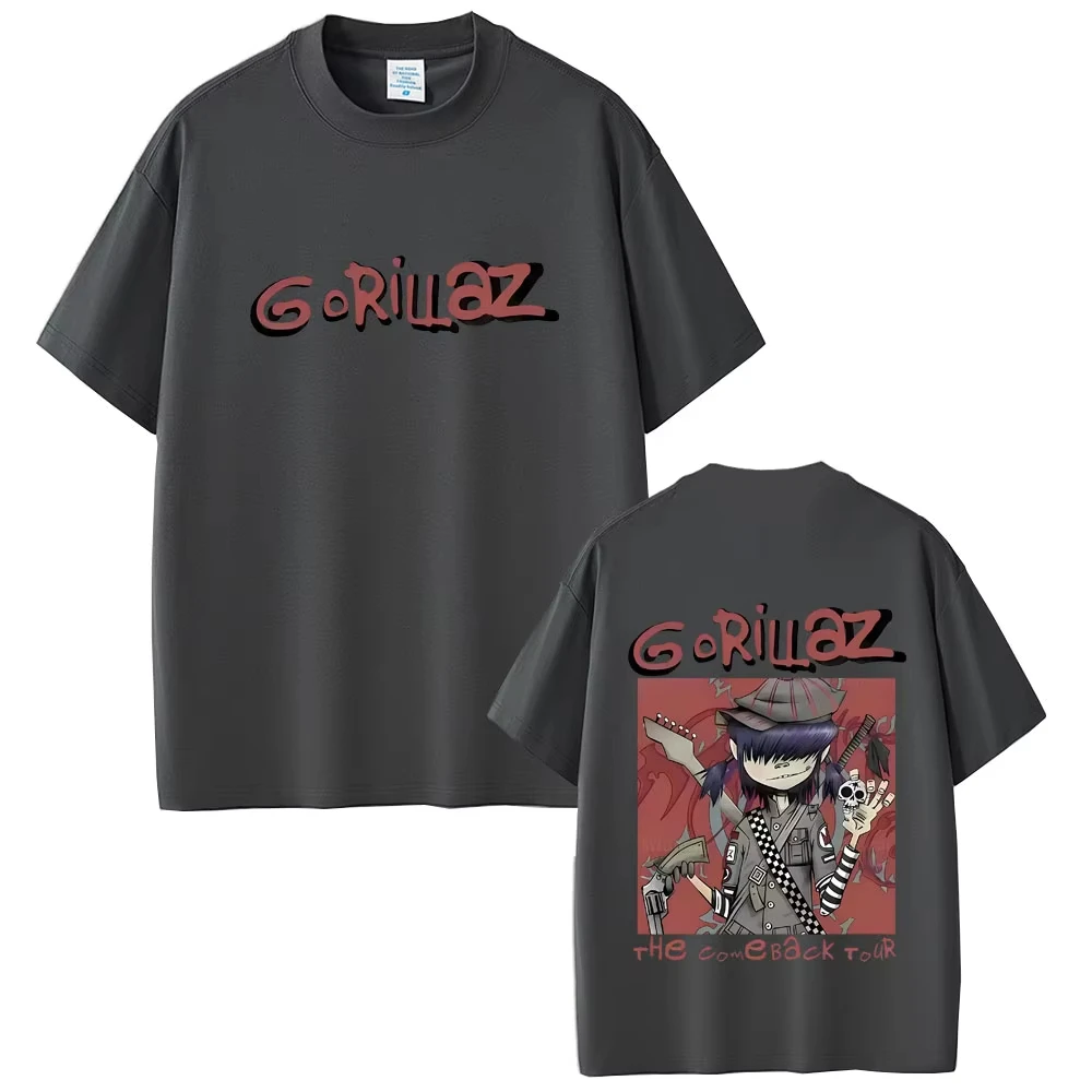 เสื้อยืดฮิปฮอปแฟชั่นโอเวอร์ไซส์สตรีทแวร์ยูนิเซ็กซ์สไตล์โกธิคพังก์  วงร็อค Gorillaz The Come Back Tour