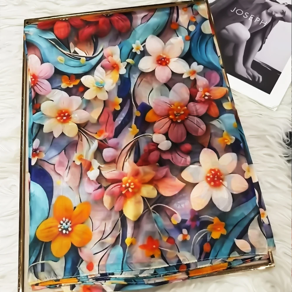 

Blue Orange Women 100% Mulberry Silk Scarf Elegant Floral Long Pure Silk Scarf Summer Beach Silk Shawl Wrap Hijab Scarf Bufanda