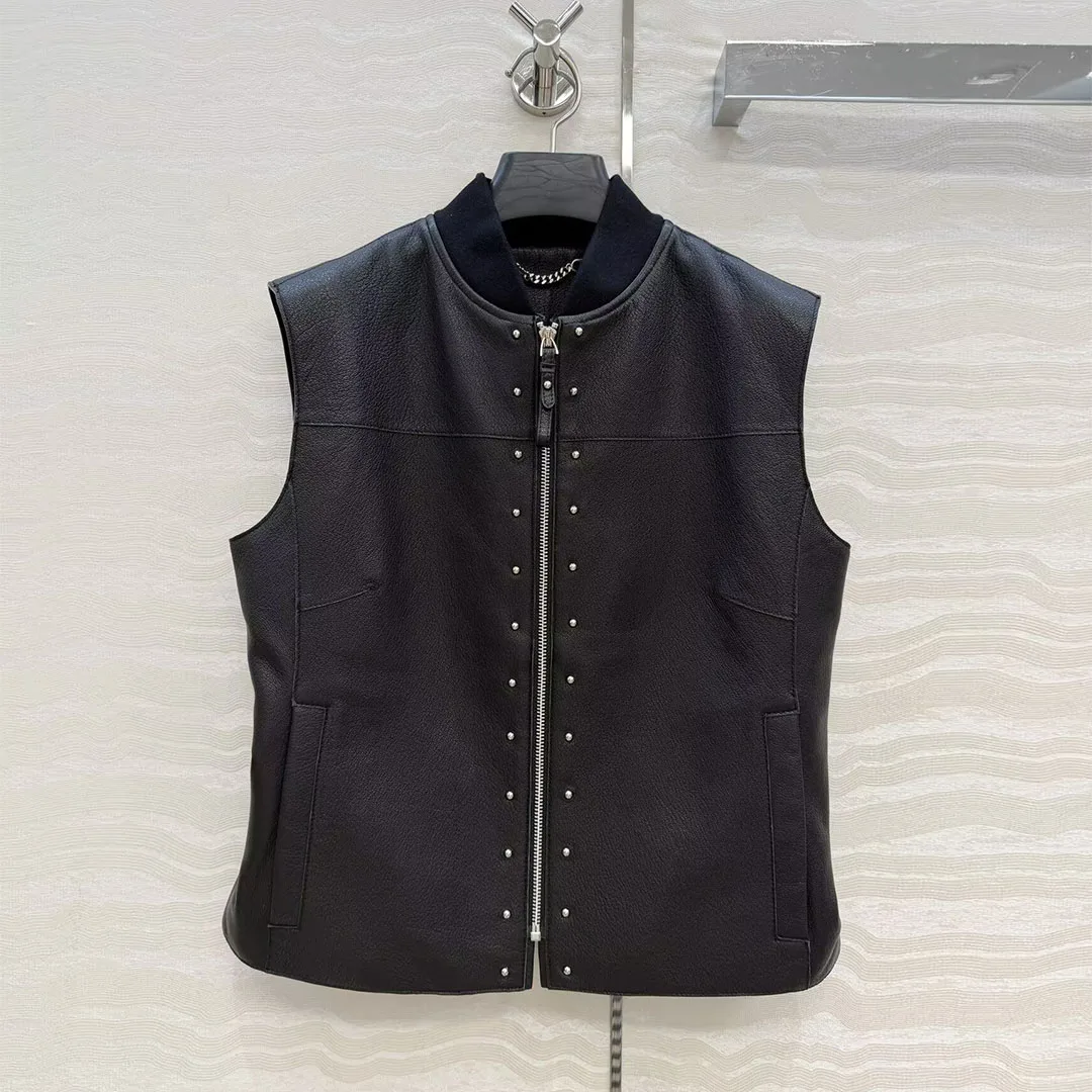 High Quality 100% Sheepskin Leather Black Short Design Vest Coat Women O-neck Sleeveless Zipper Fly Rivet Vintage Tank Jacket