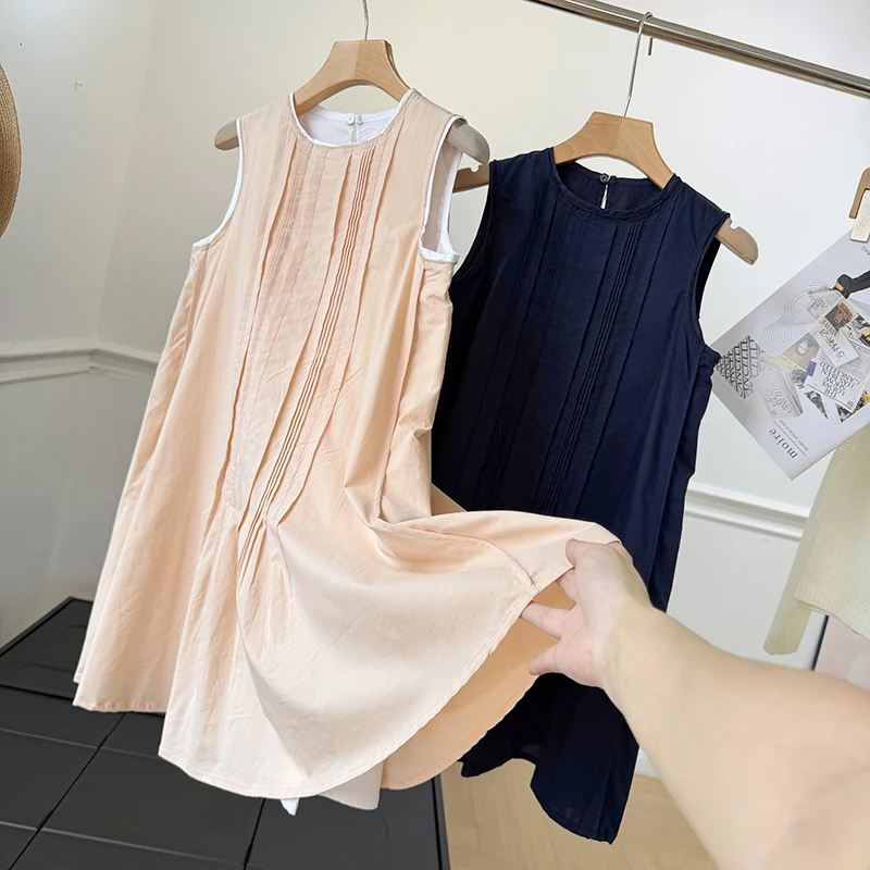 

Nordic Style A-Line Vest Dress Gored Skirt Design round Neck Pressed Pleat Cotton Summer Commute Women's Fashion Dress