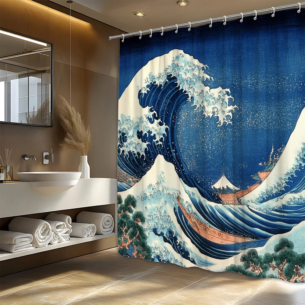 

1 шт., японская занавеска для душа с деревянным принтом и волнистым принтом — полиэфирная ткань, традиционная океанская сцена в стиле укиё-э с эффектными гербами