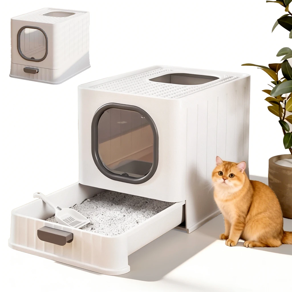 Strakke, gesloten kattenbak, kattentoilet met deksel en stofbak, anti-spat.