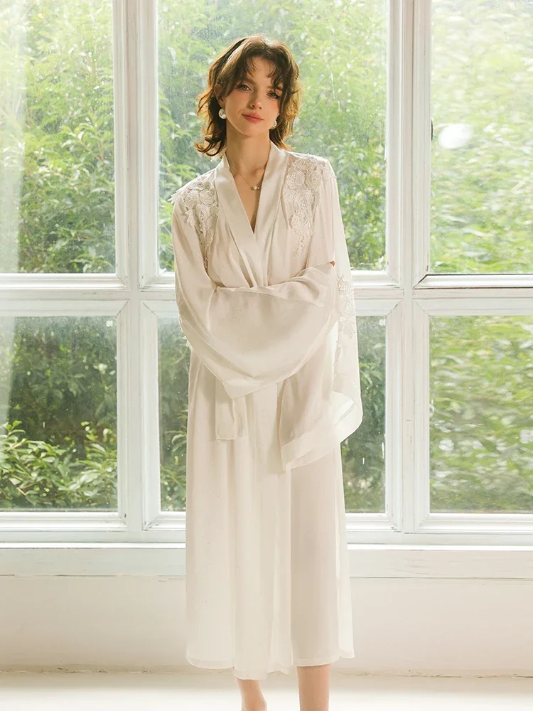 

Dawnloom Black Shimmer Satin Lace-Embellished Flared-Sleeve Tie-Waist Long Robe for Women Luxury Premium Sexy Home Loungewear