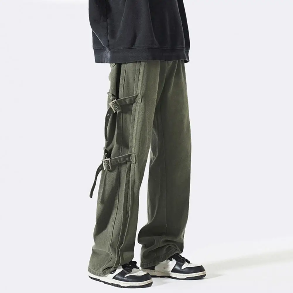 Mid-rise Wide Leg Pants Men Cargo Pants Stylish Men's Mid-rise Cargo Pants with Side Buckle Design Straight for Long-lasting